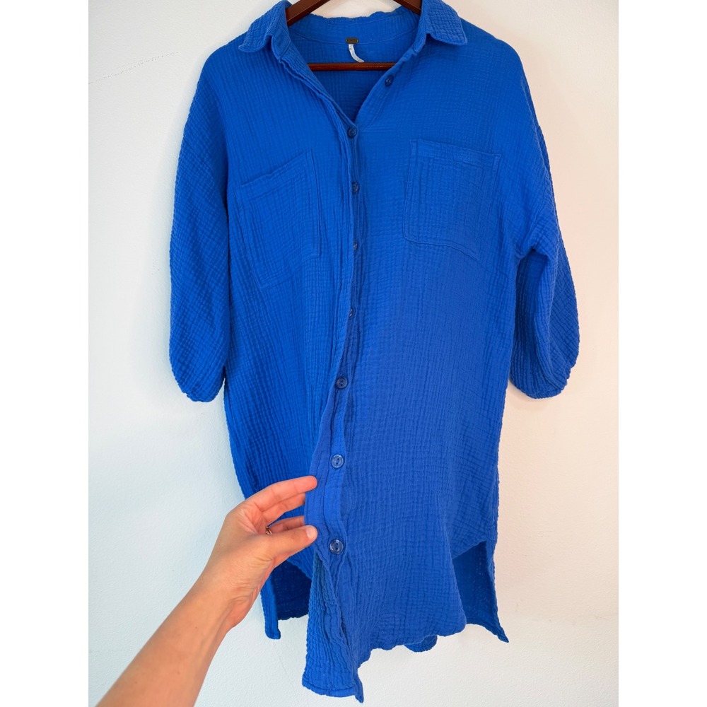 YFB Gauzy Cotton Button Front Tunic Top Womens Cobalt Blue Boho Swim Coverup - Picture 3 of 8
